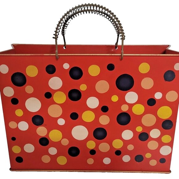 Vintage Polka Dot Metal Magazine Rack-Retro Mid Century-Wire Coil Handle
